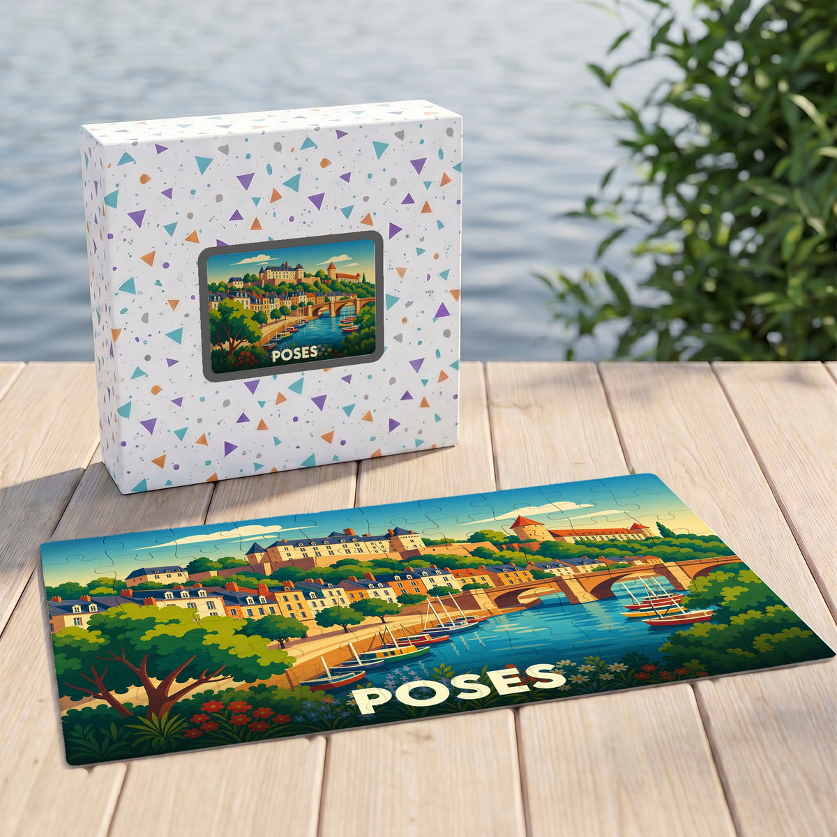Puzzle souvenir de la ville de Poses avec une illustration stylisée d'un paysage fluvial.