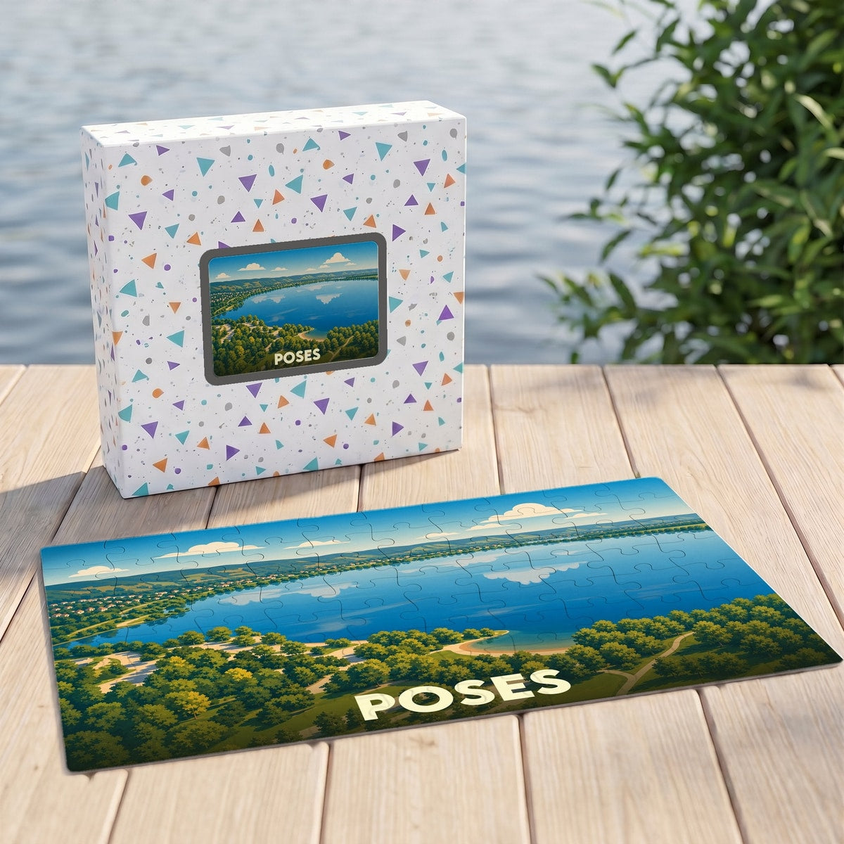 Puzzle souvenir de la ville de Poses avec une illustration panoramique de ses bords de l'eau.