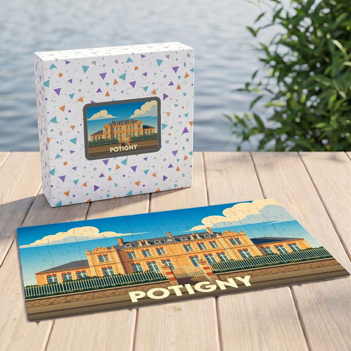 Puzzle souvenir de la ville de Potigny avec une illustration stylisée d'un bâtiment historique.