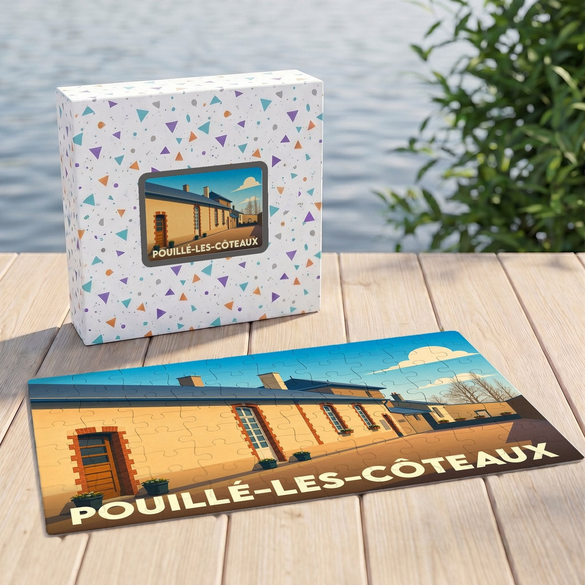 Puzzle souvenir de la ville de Pouillé-les-Côteaux avec une illustration stylisée et sa boîte assortie.