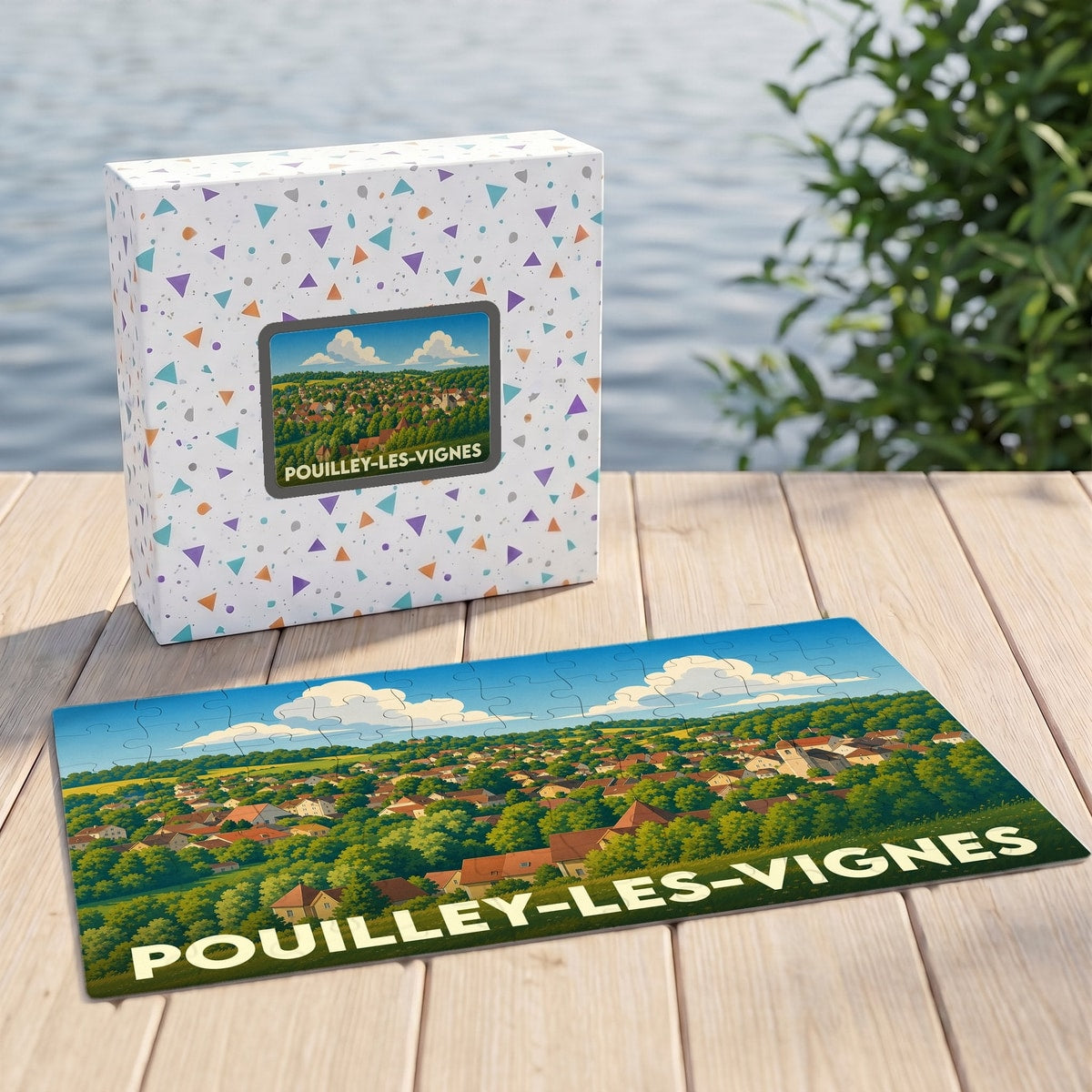 Puzzle souvenir de la ville de Pouilley-les-Vignes illustré par une vue panoramique stylisée du village.