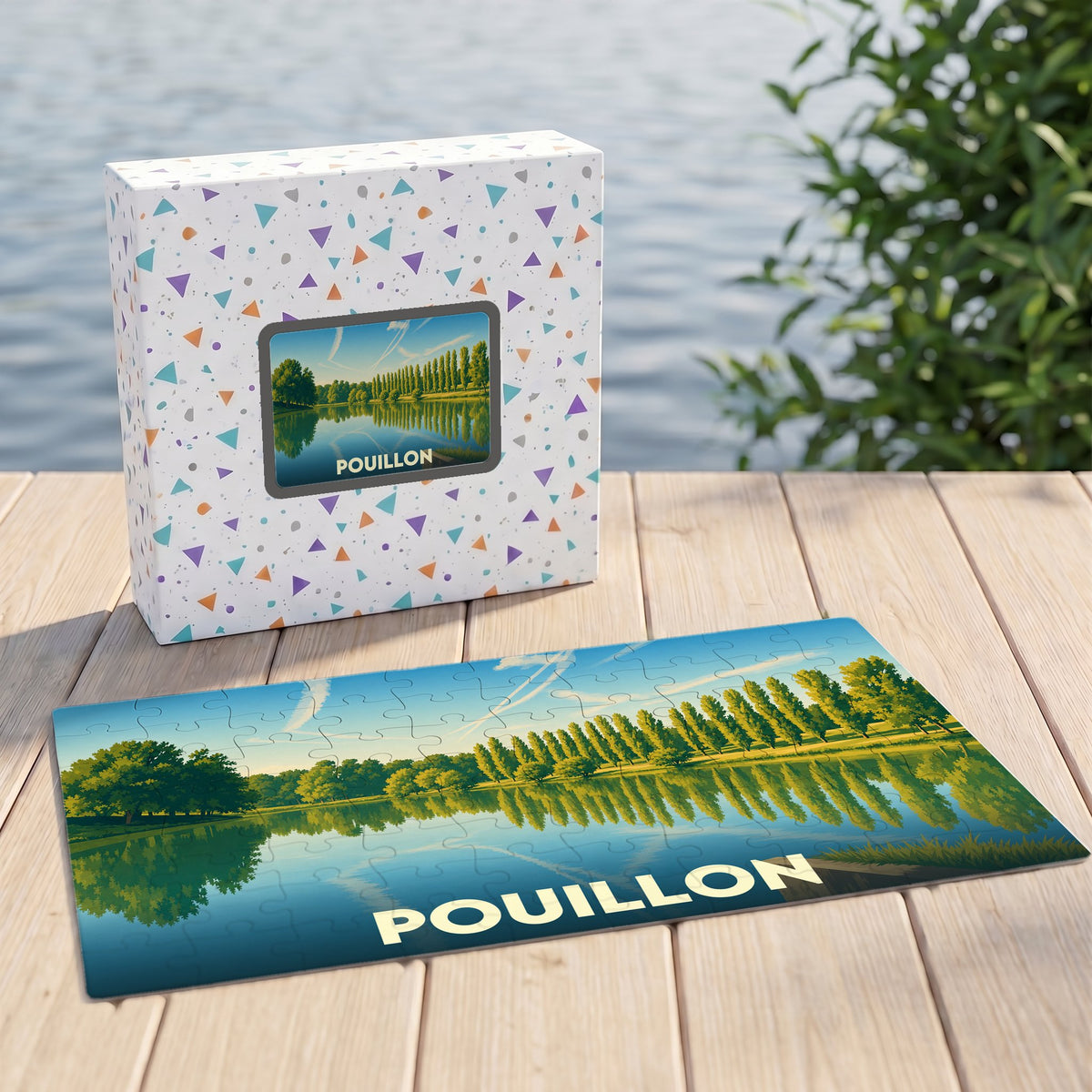 Puzzle souvenir de la ville de Pouillon avec une illustration de paysage lacustre.