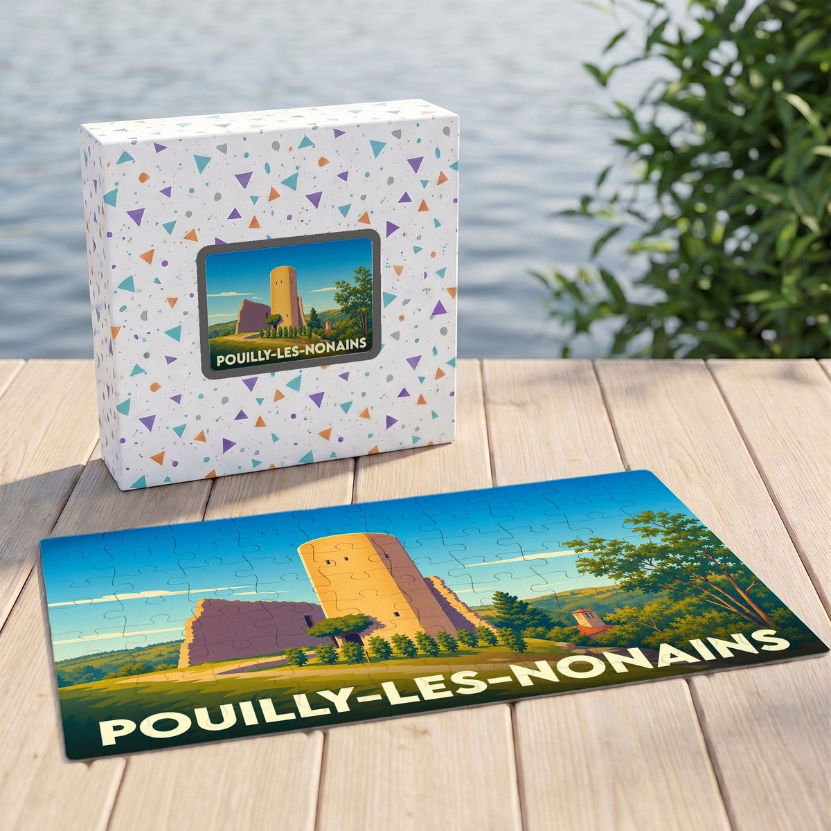 Puzzle souvenir de la ville de Pouilly-les-Nonains avec une illustration stylisée d'une tour médiévale.