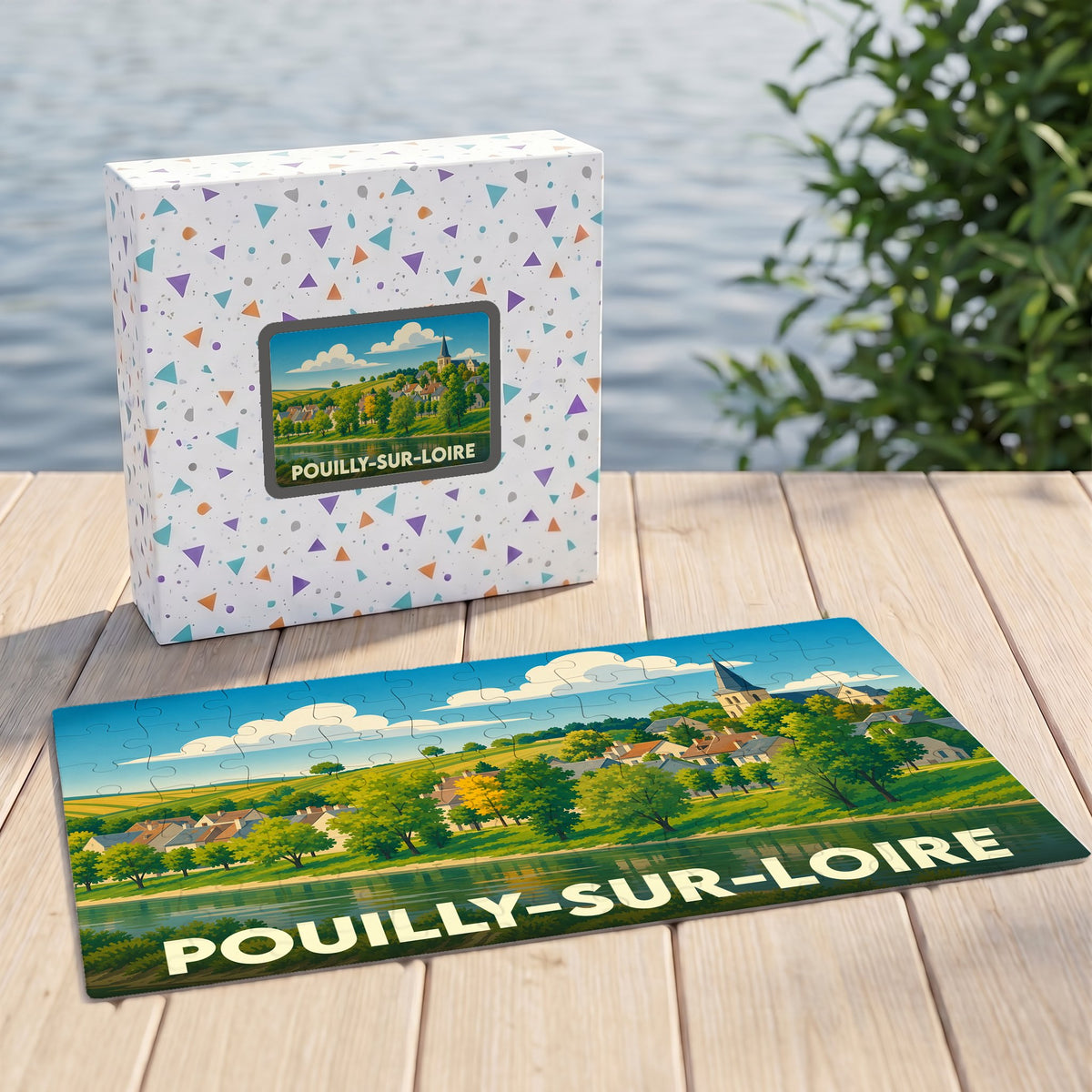 Puzzle souvenir de la ville de Pouilly-sur-Loire avec une illustration stylisée et colorée.