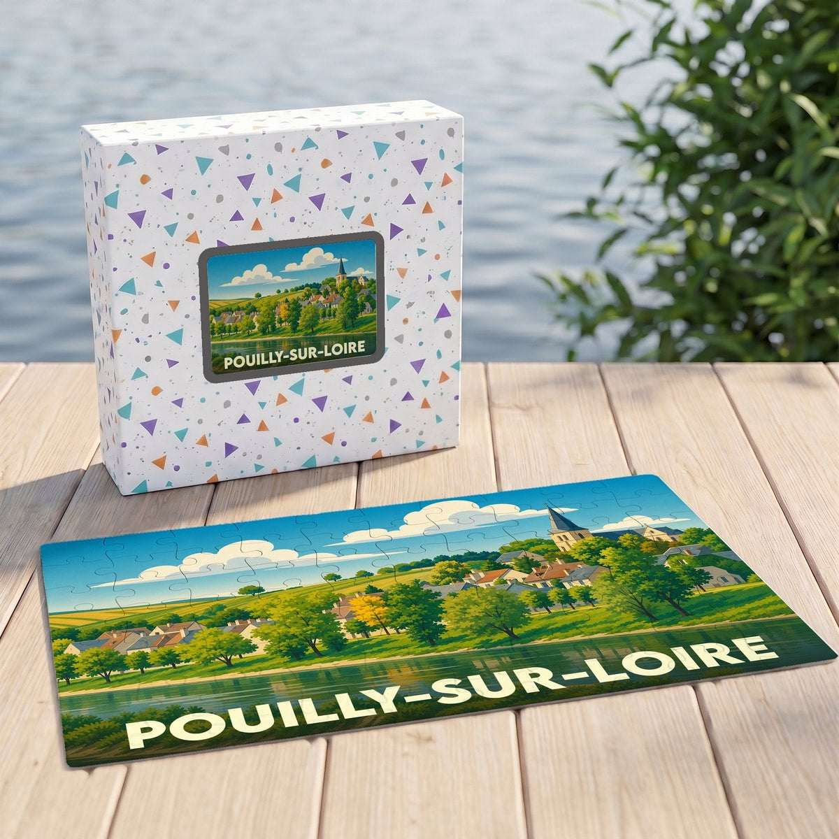 Puzzle souvenir de la ville de Pouilly-sur-Loire avec une illustration stylisée et colorée.