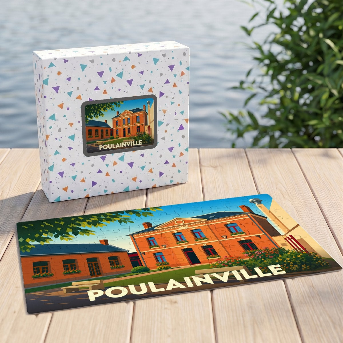 Puzzle souvenir de la ville de Poulainville avec une illustration stylisée d'un bâtiment en briques rouges.