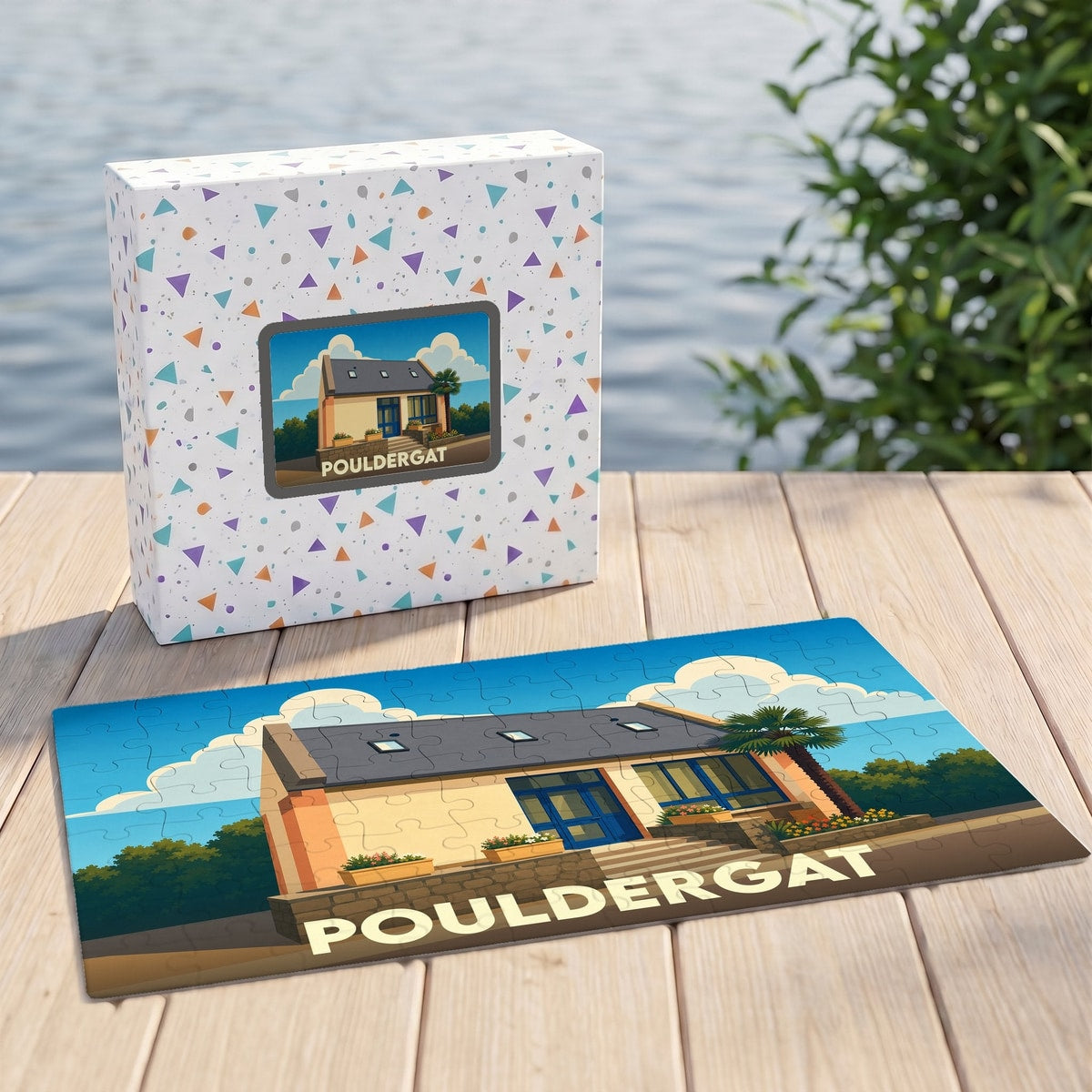 Puzzle souvenir de la ville de Pouldergat illustrant une maison bretonne stylisée sous un ciel ensoleillé.