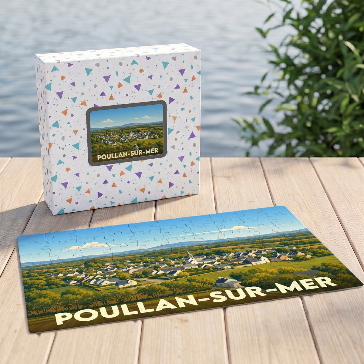 Puzzle souvenir de la ville de Poullan-sur-Mer avec une illustration de paysage champêtre.