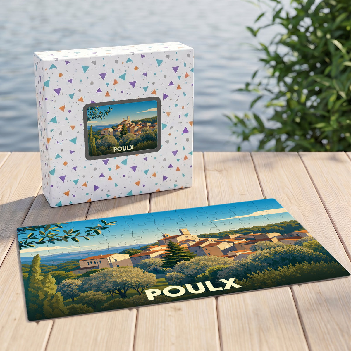 Puzzle souvenir de la ville de Poulx avec une illustration de paysage de style rétro.