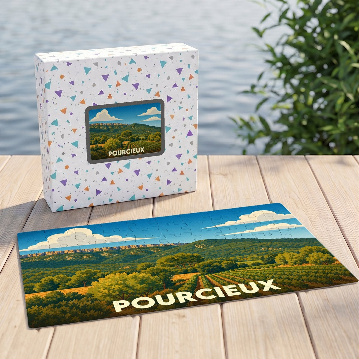 Puzzle souvenir de la ville de Pourcieux avec une illustration stylisée de paysages provençaux.
