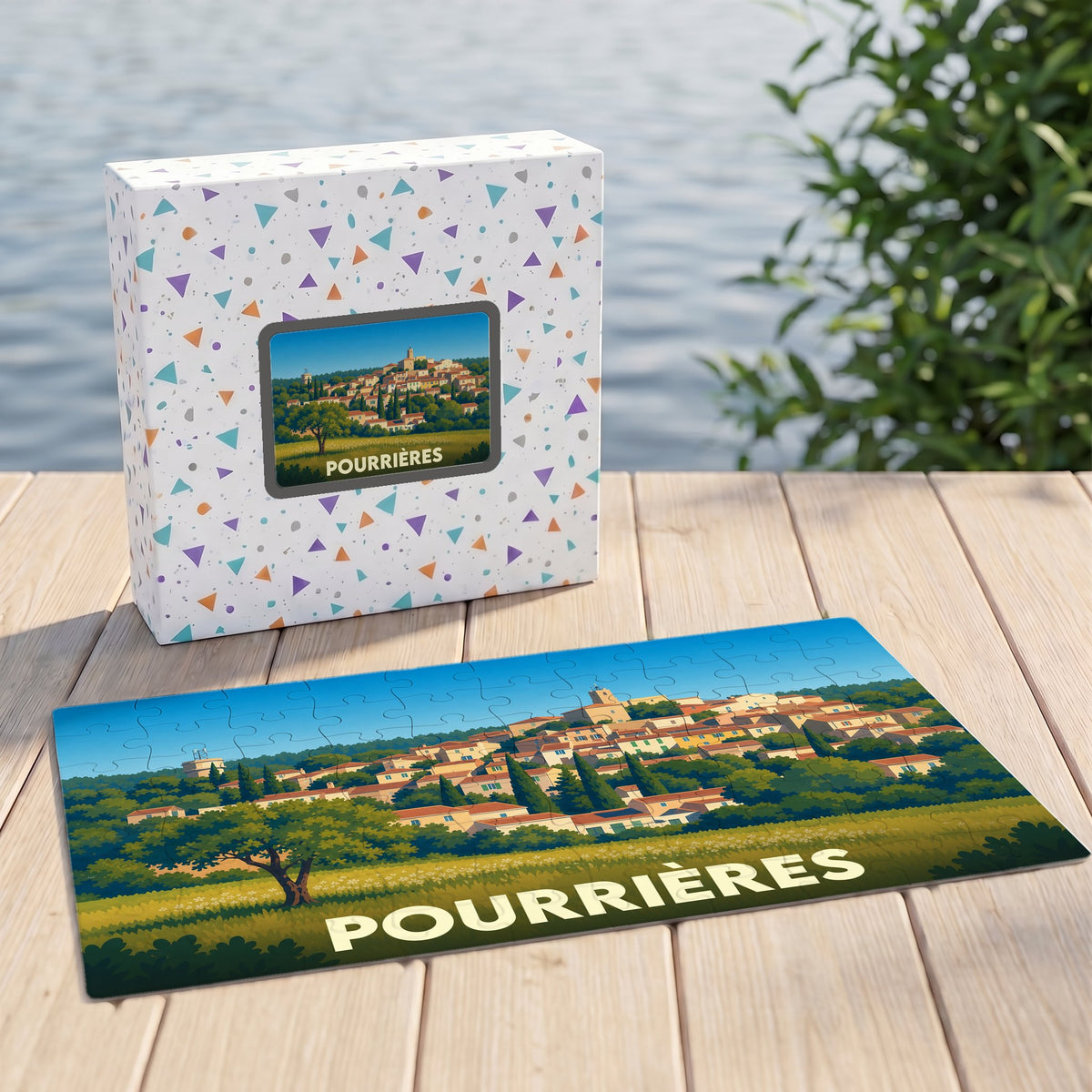 Puzzle souvenir de la ville de Pourrières avec une illustration stylisée de son paysage provençal.