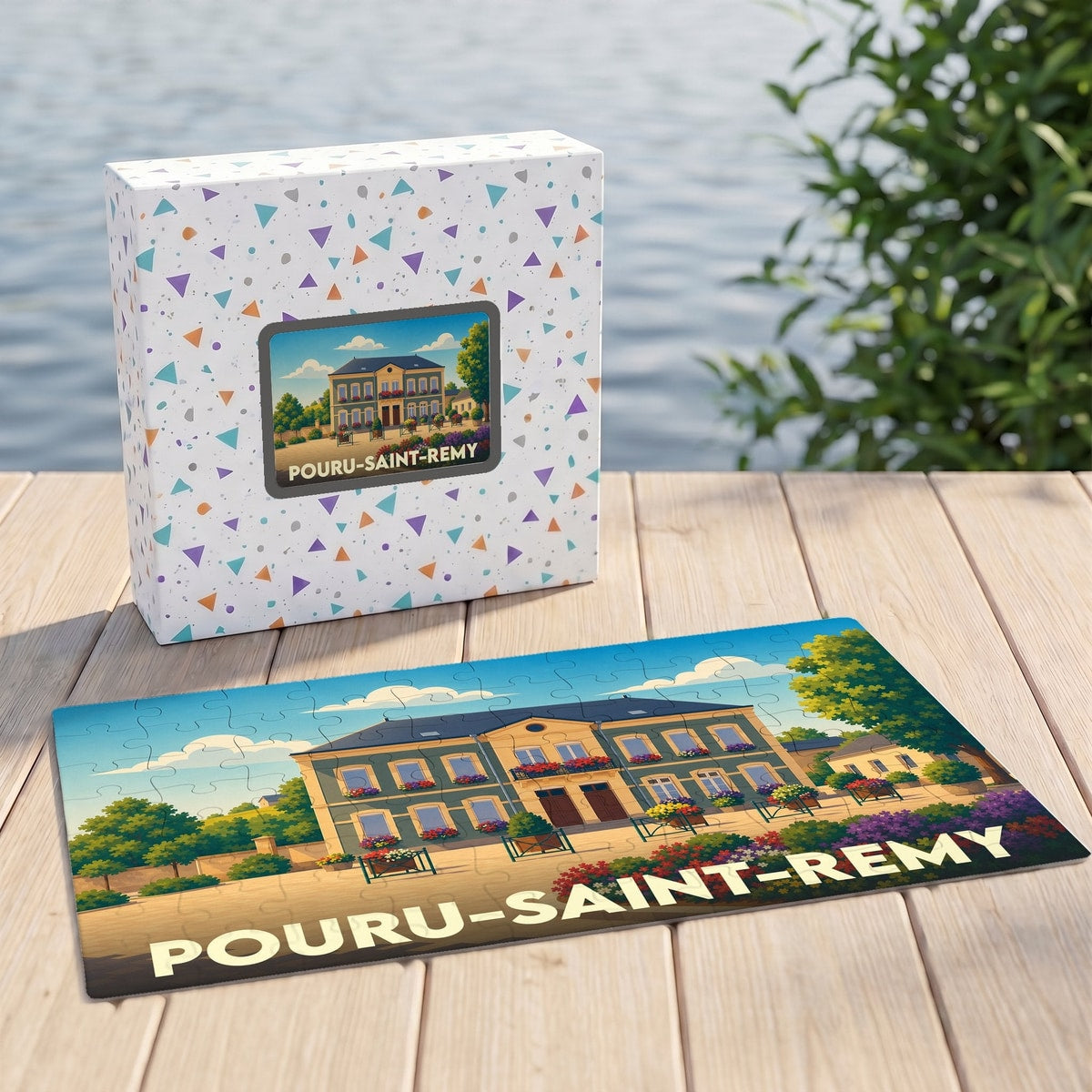 Puzzle souvenir de la ville de Pouru-Saint-Remy avec une illustration stylisée et colorée.