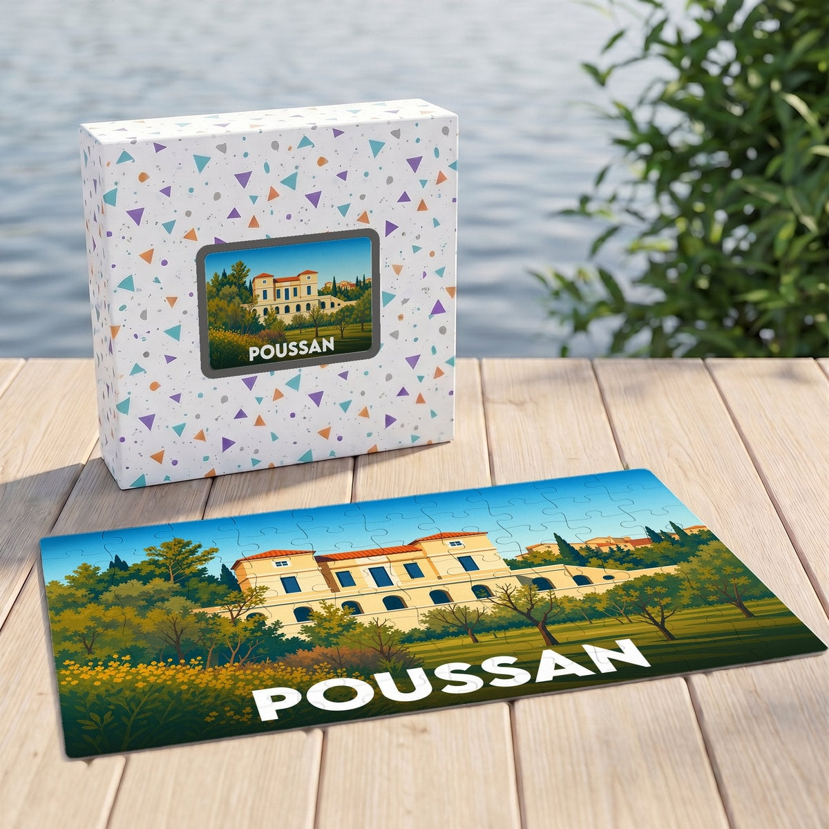 Puzzle souvenir de la ville de Poussan avec une illustration stylisée d'un domaine viticole.