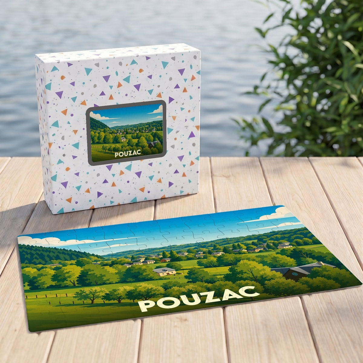 Puzzle souvenir de la ville de Pouzac représentant un paysage verdoyant illustré.