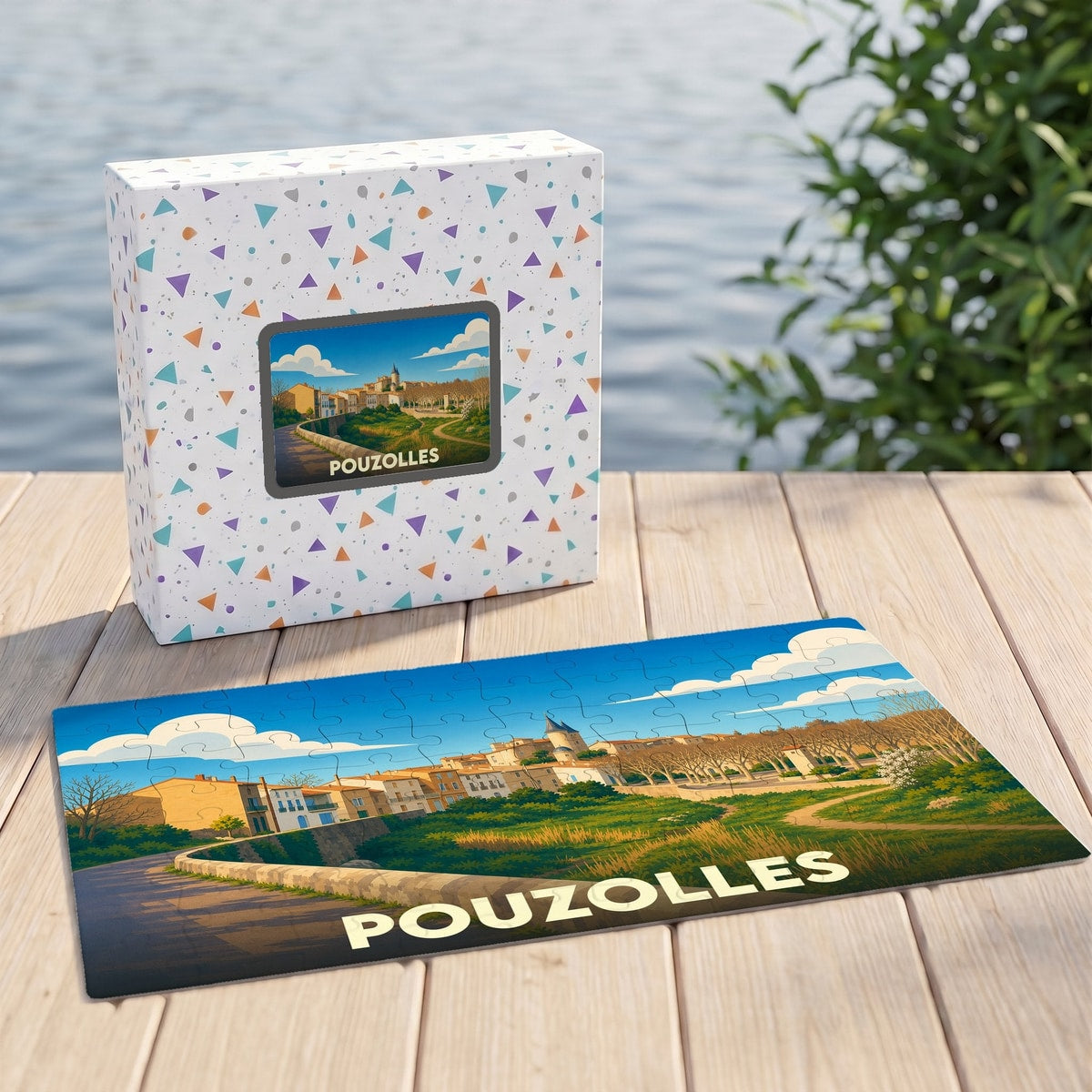 Puzzle souvenir de la ville de Pouzolles avec une illustration stylisée et colorée.