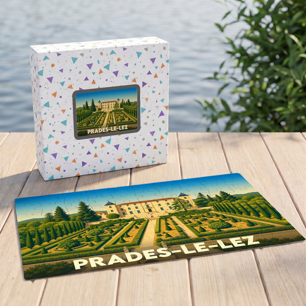Puzzle souvenir de la ville de Prades-le-Lez avec une illustration stylisée de son patrimoine et de ses jardins.