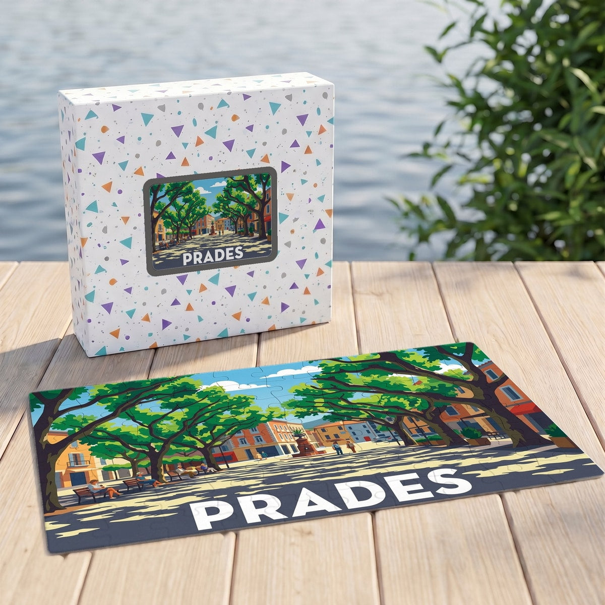 Puzzle souvenir de la ville de Prades avec une illustration stylisée d'une place arborée.