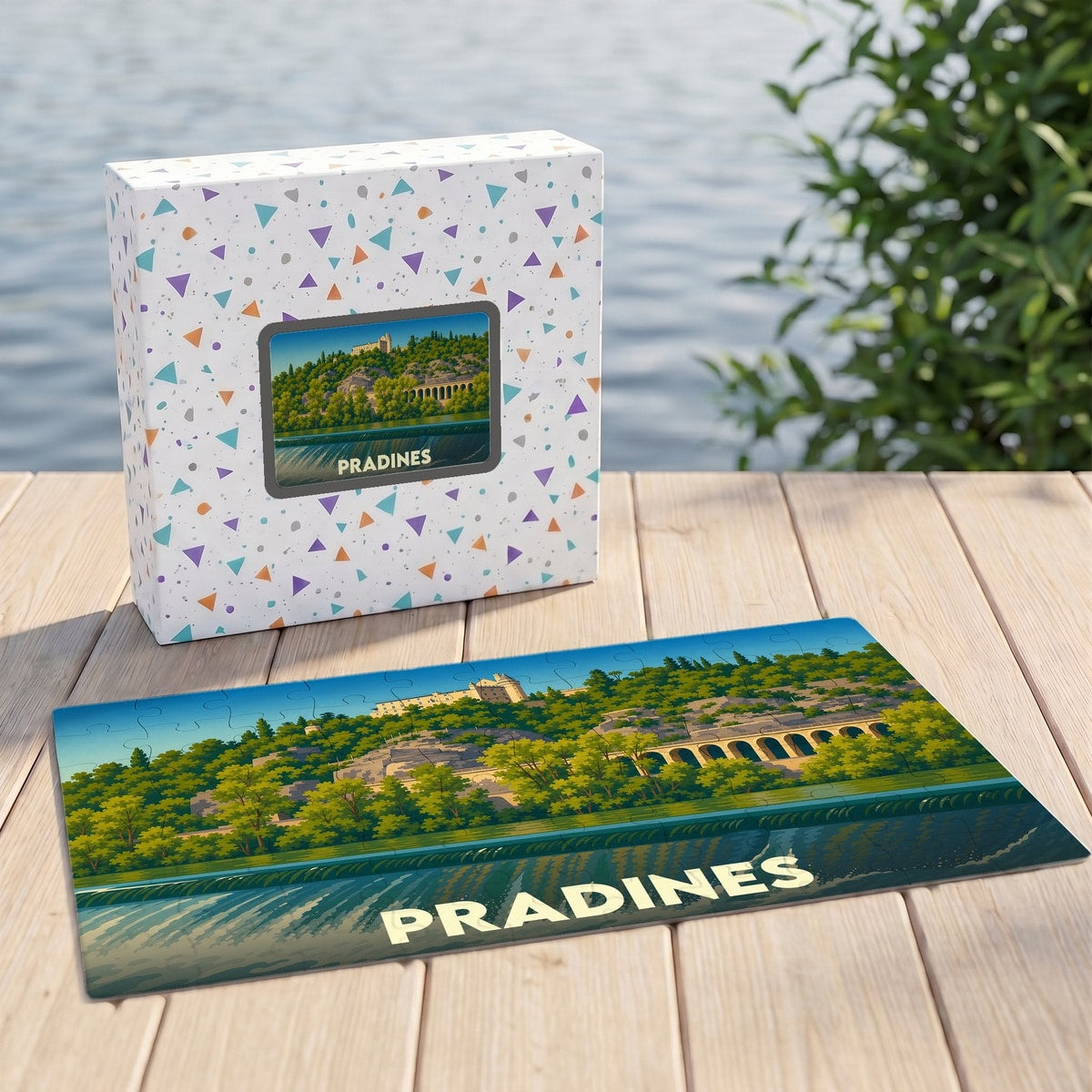 Puzzle souvenir de la ville de Pradines avec une illustration stylisée d'un paysage fluvial.