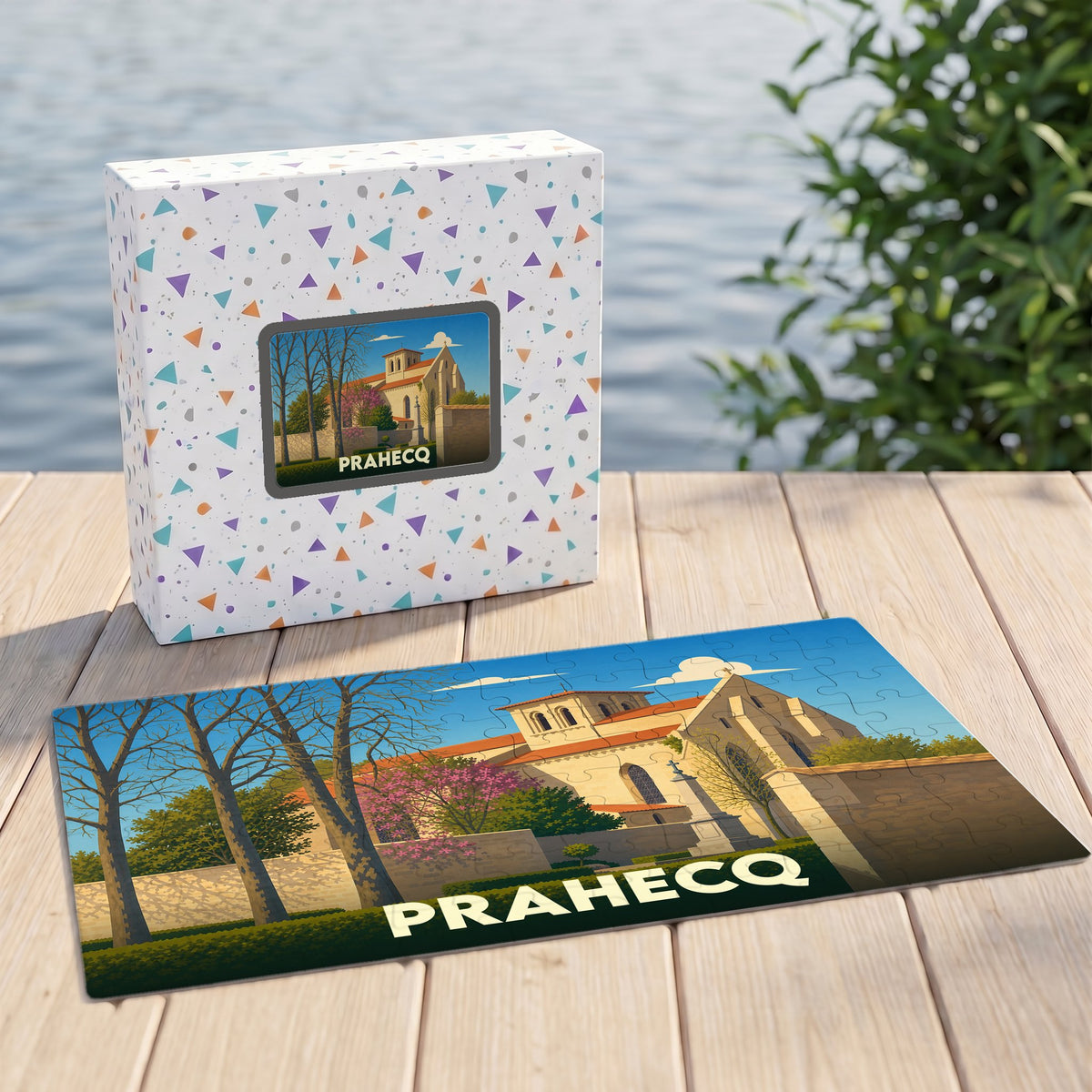 Puzzle souvenir de la ville de Prahecq avec une illustration stylisée de son église.