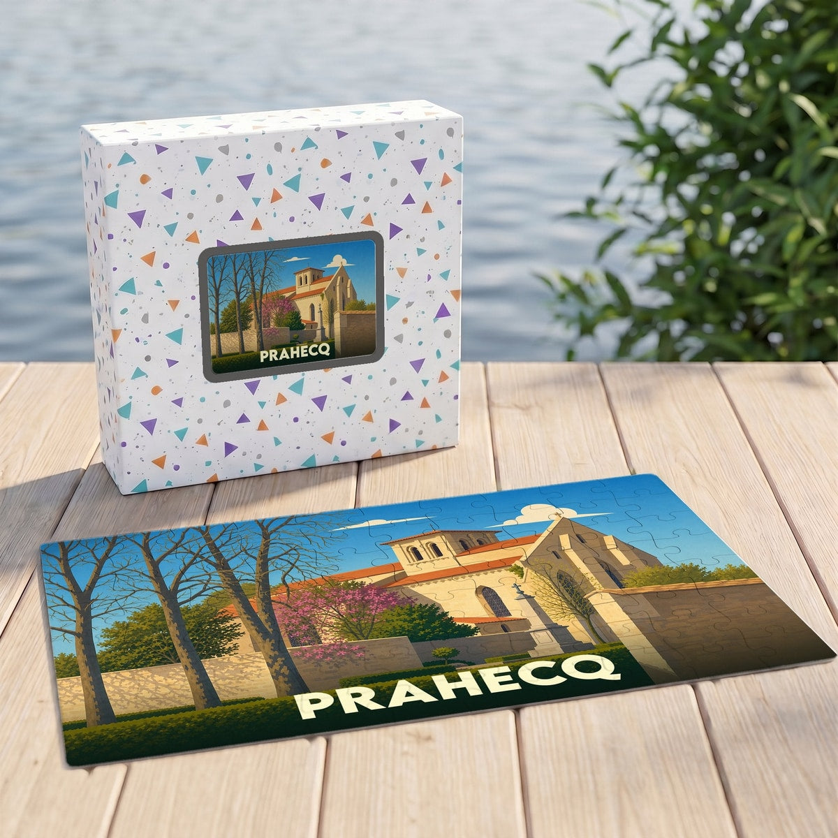 Puzzle souvenir de la ville de Prahecq avec une illustration stylisée de son église.