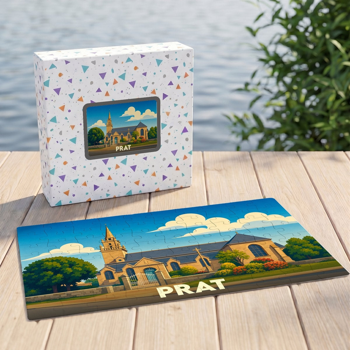 Puzzle souvenir de la ville de Prat avec une illustration stylisée d'une église sous un ciel bleu.