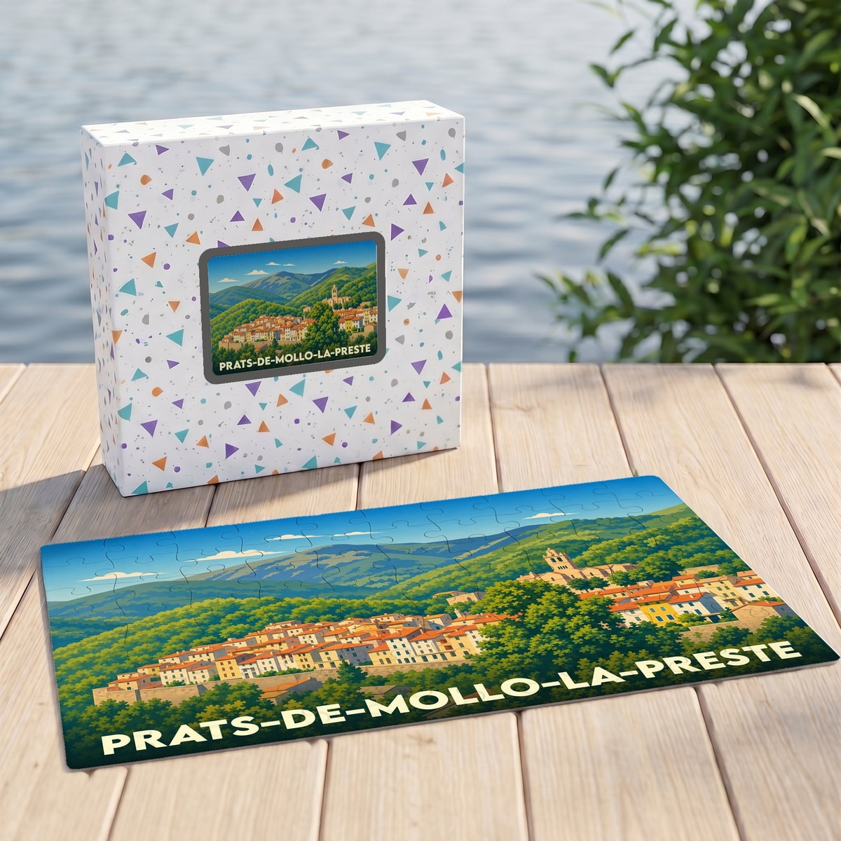 Puzzle souvenir de la ville de Prats-de-Mollo-la-Preste avec une illustration stylisée de ses paysages montagneux.