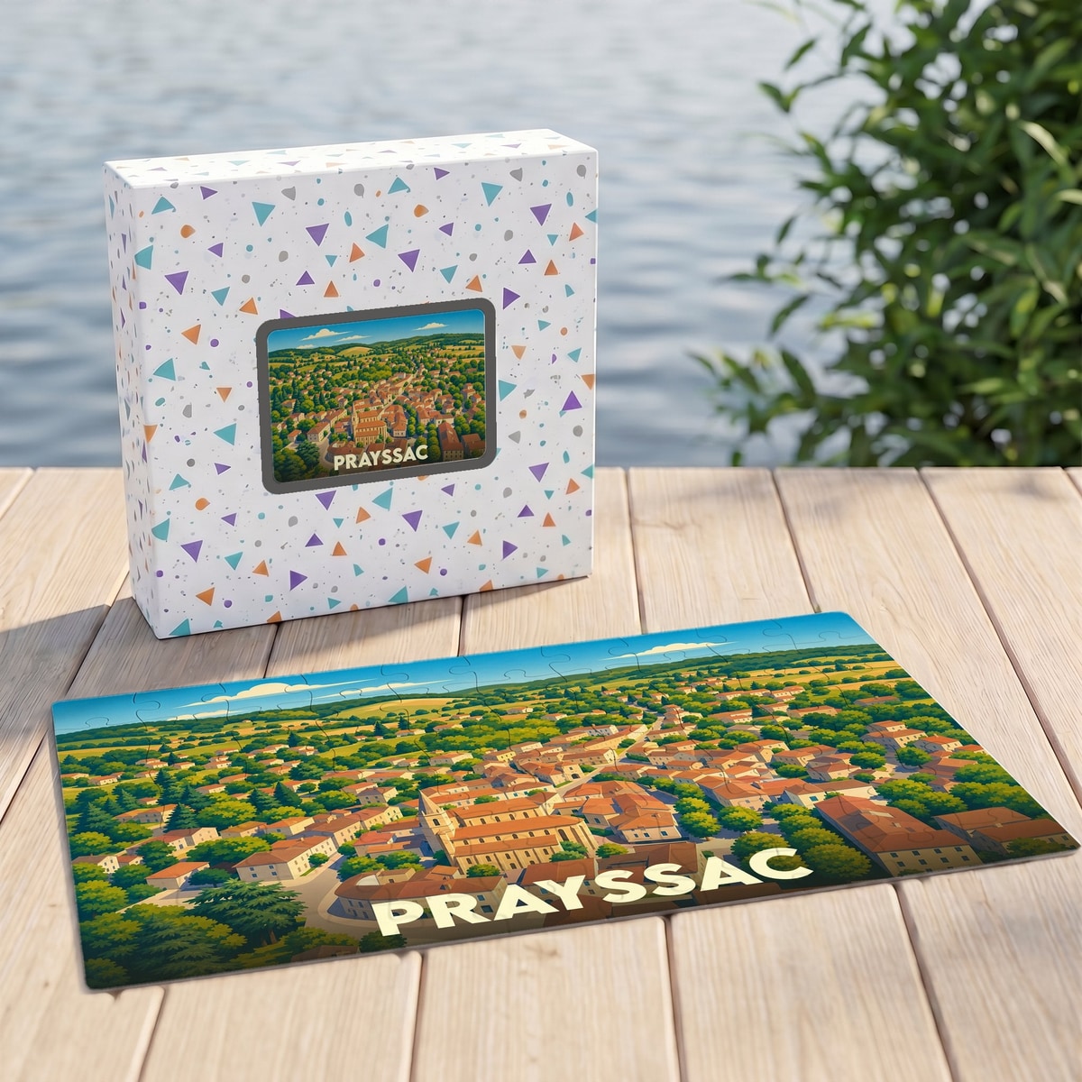 Puzzle souvenir de la ville de Prayssac avec une illustration stylisée d'une vue aérienne.