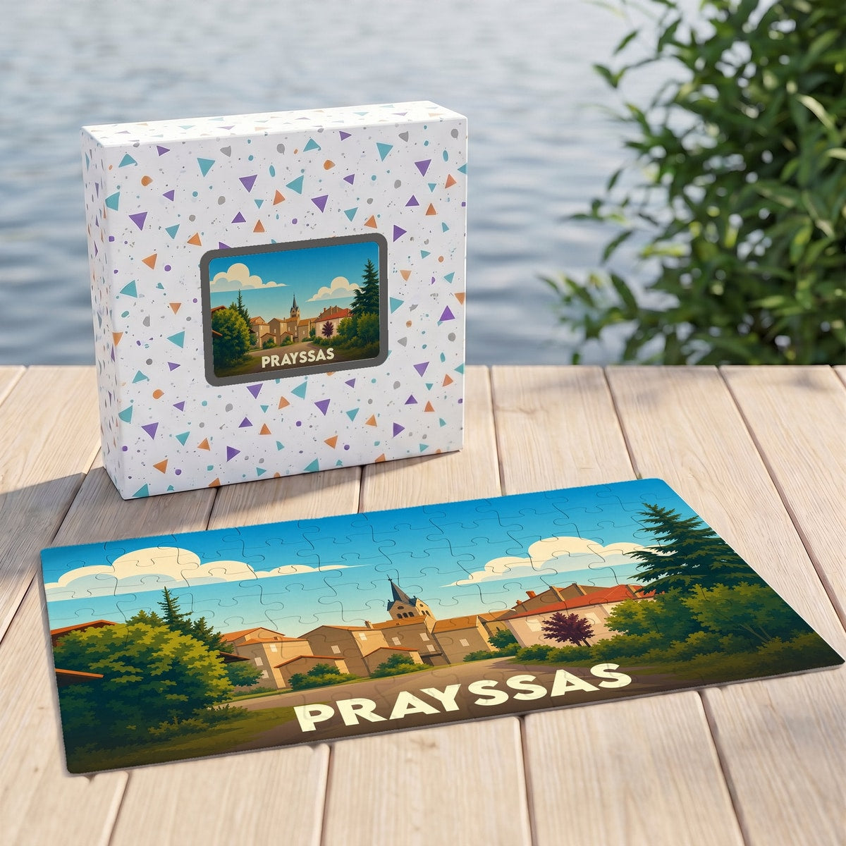 Puzzle souvenir de la ville de Prayssas avec une illustration stylisée et colorée.