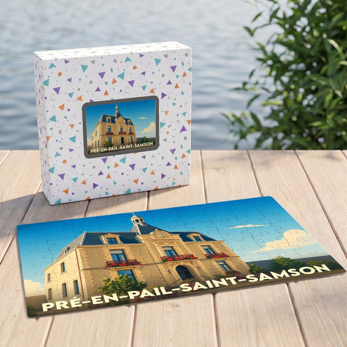 Puzzle souvenir de la ville de Pré-en-Pail-Saint-Samson avec une illustration stylisée de sa mairie.