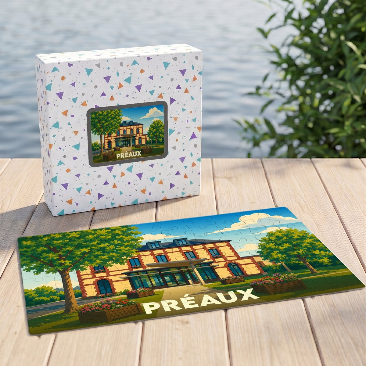 Puzzle souvenir de la ville de Préaux illustrant un bâtiment de style classique entouré d'arbres.
