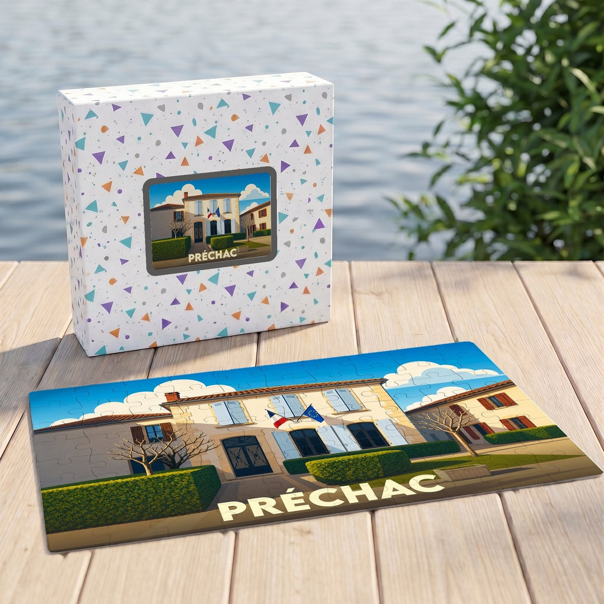 Puzzle souvenir de la ville de Préchac avec une illustration stylisée.