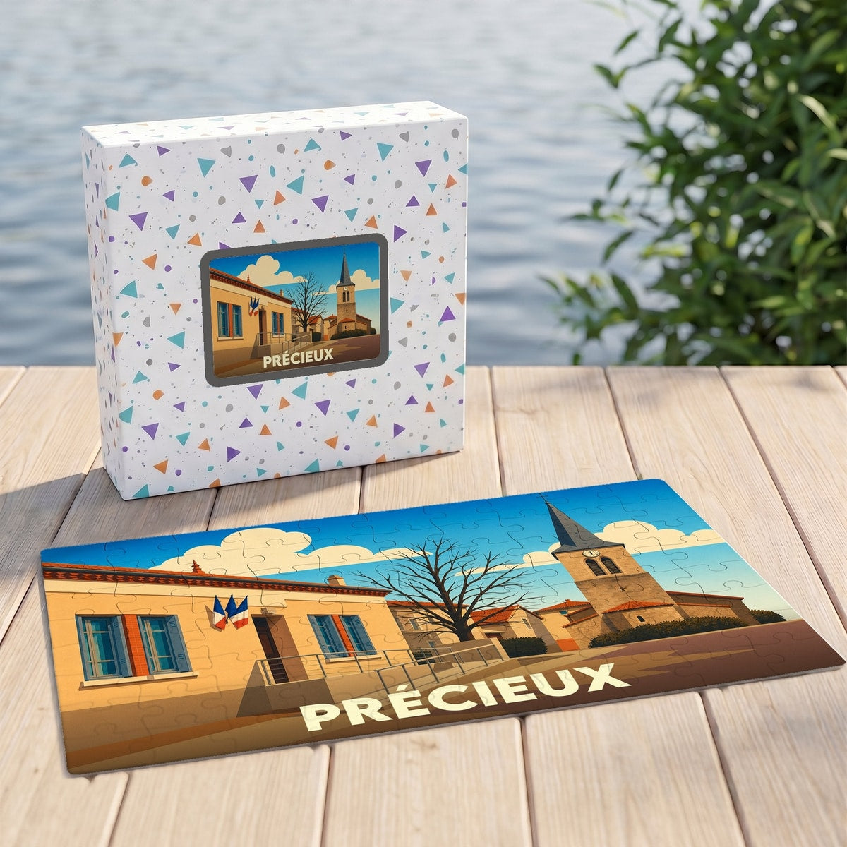 Puzzle souvenir de la ville de Précieux avec une illustration stylisée.