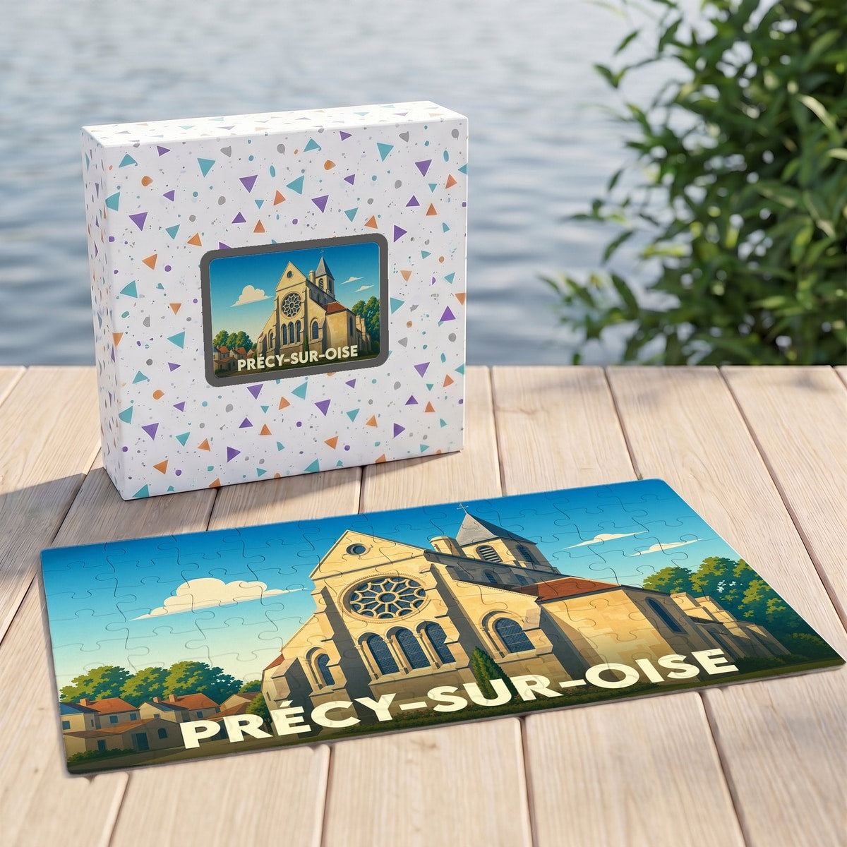 Puzzle souvenir de la ville de Précy-sur-Oise avec une illustration stylisée de son église.
