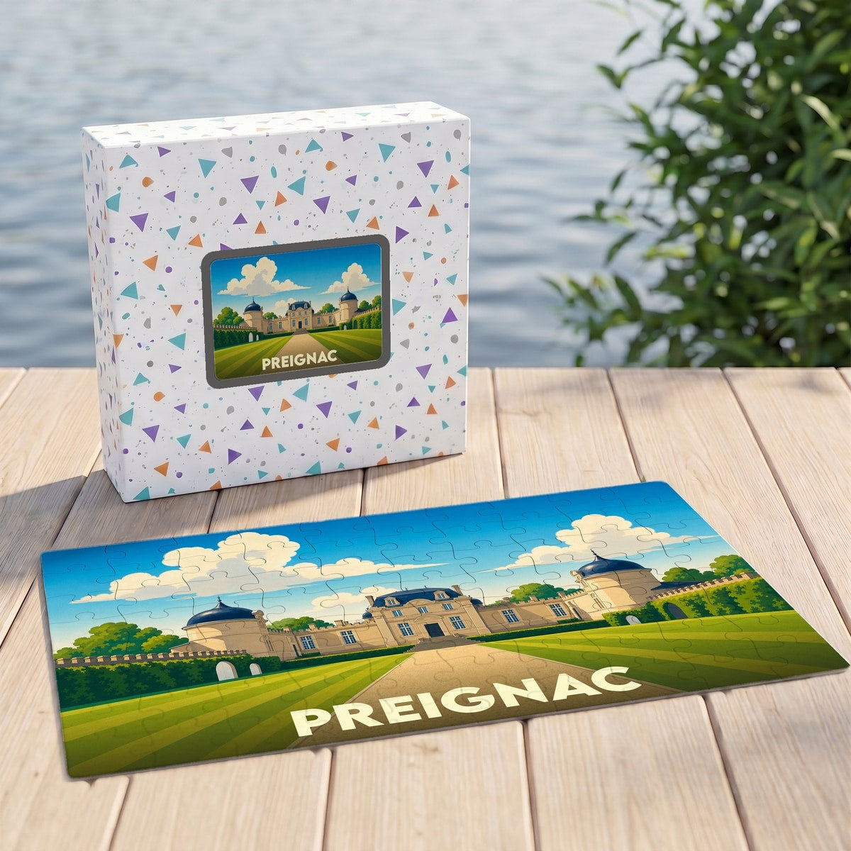 Puzzle souvenir de la ville de Preignac avec une illustration stylisée d'un château.