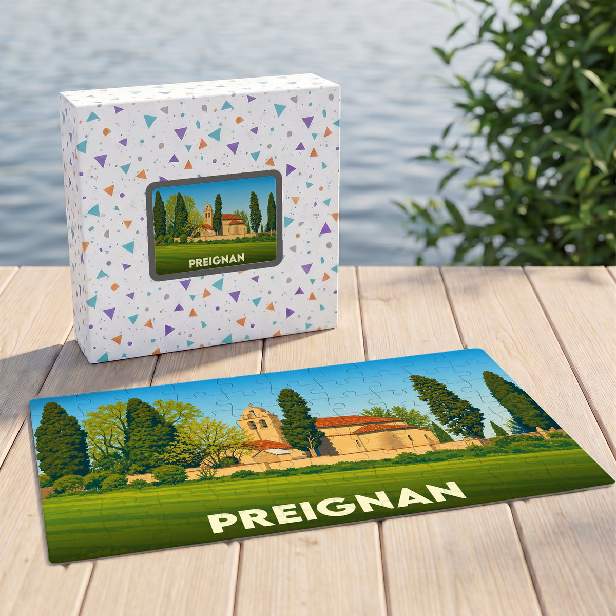 Puzzle souvenir de la ville de Preignan avec une illustration stylisée et colorée.