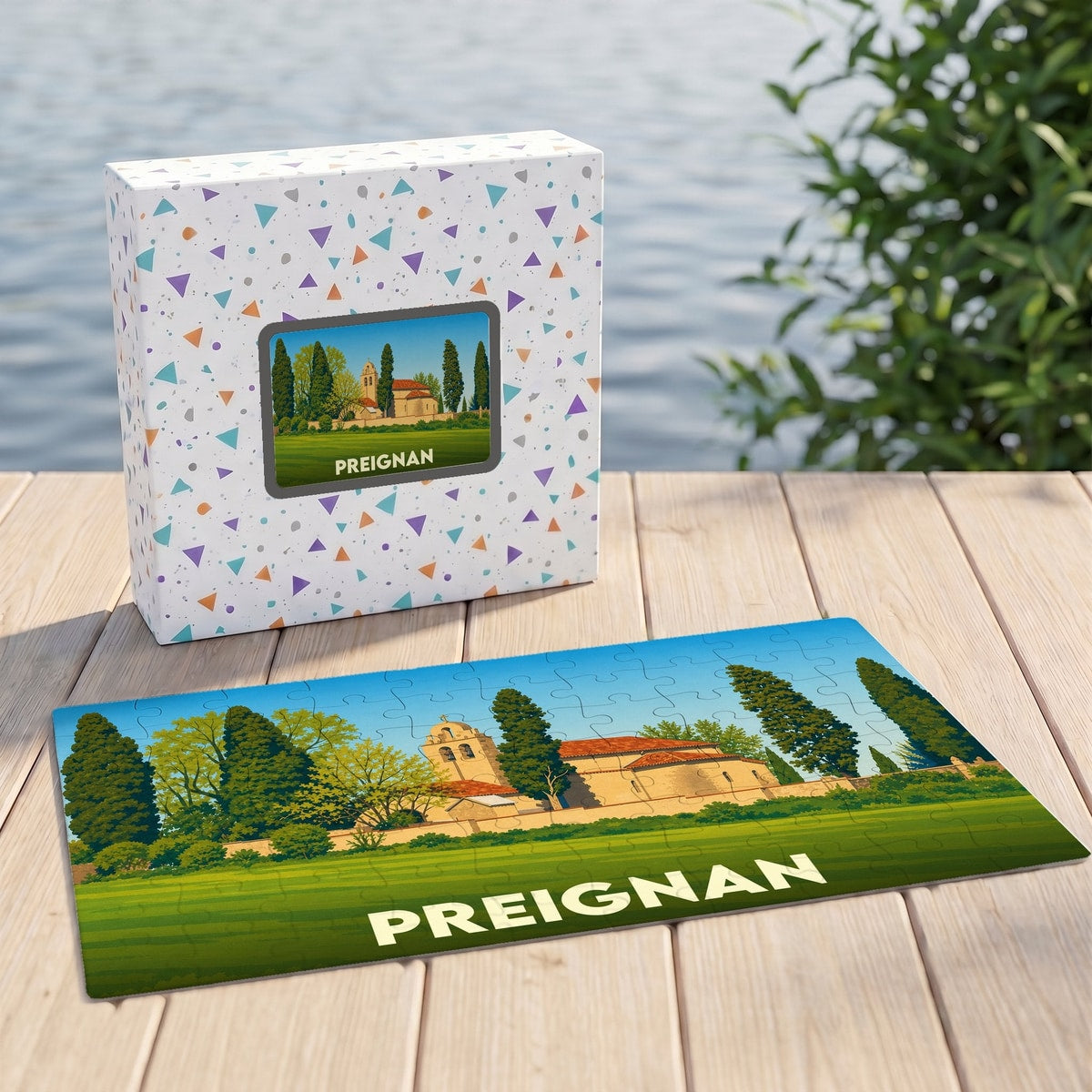 Puzzle souvenir de la ville de Preignan avec une illustration stylisée et colorée.