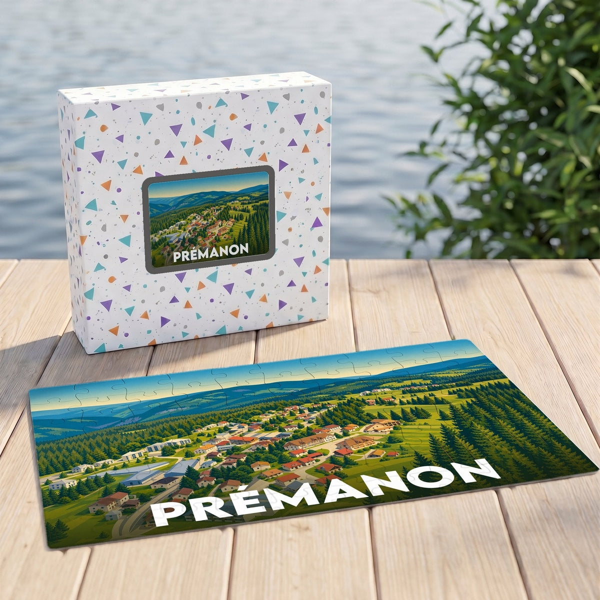 Puzzle souvenir de la ville de Prémanon avec une illustration de paysage de montagne.