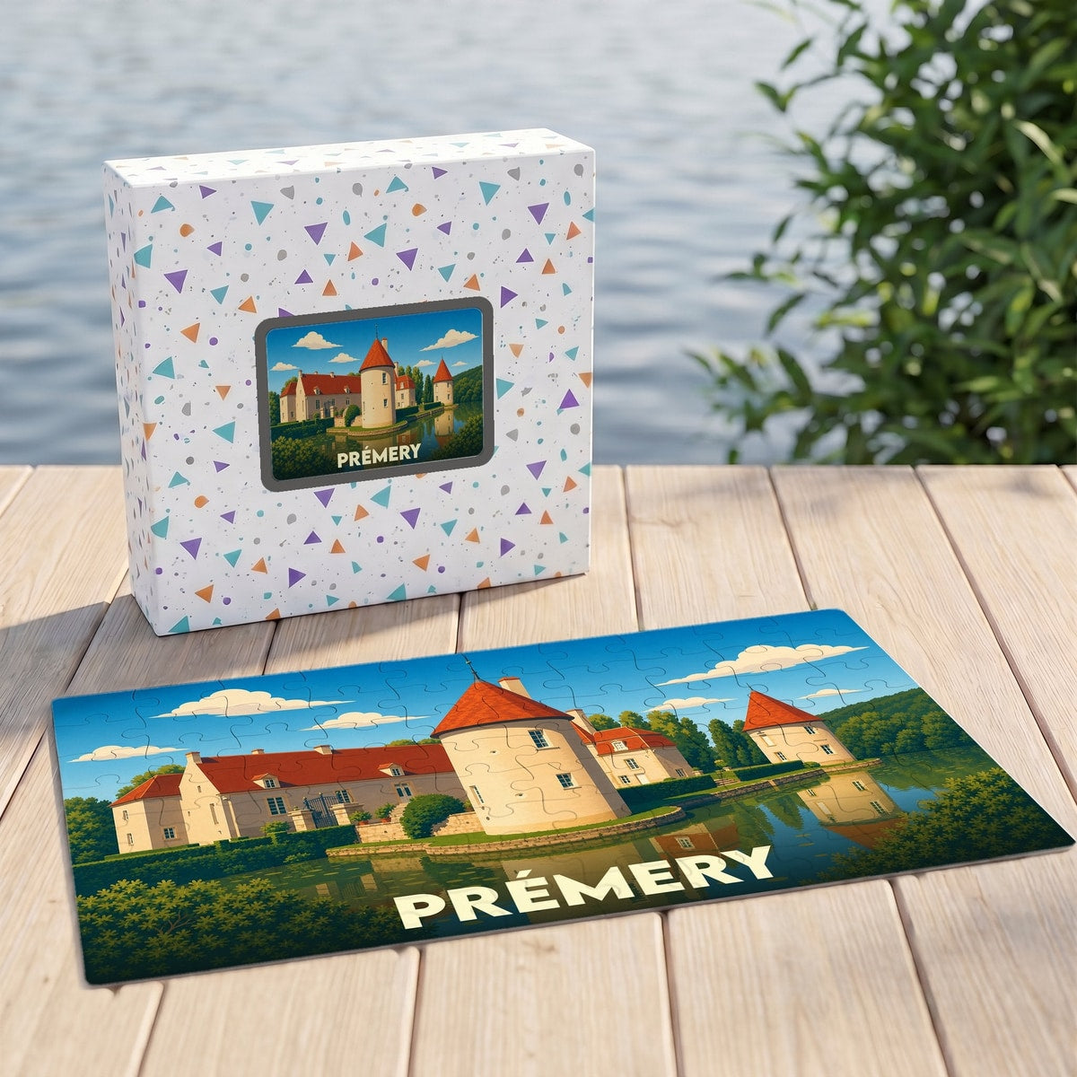 Puzzle souvenir de la ville de Prémery représentant son château avec une illustration stylisée.