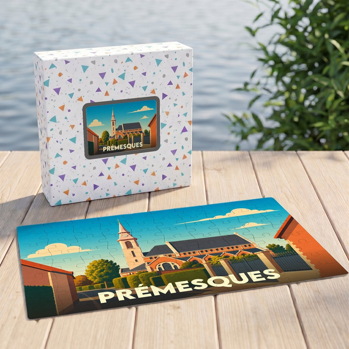 Puzzle souvenir de la ville de Prémesques illustrant son église dans un style graphique épuré.