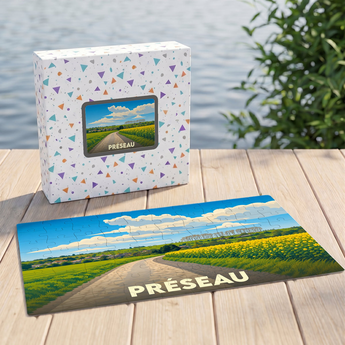 Puzzle souvenir de la ville de Préseau avec une illustration stylisée d'un paysage de campagne.