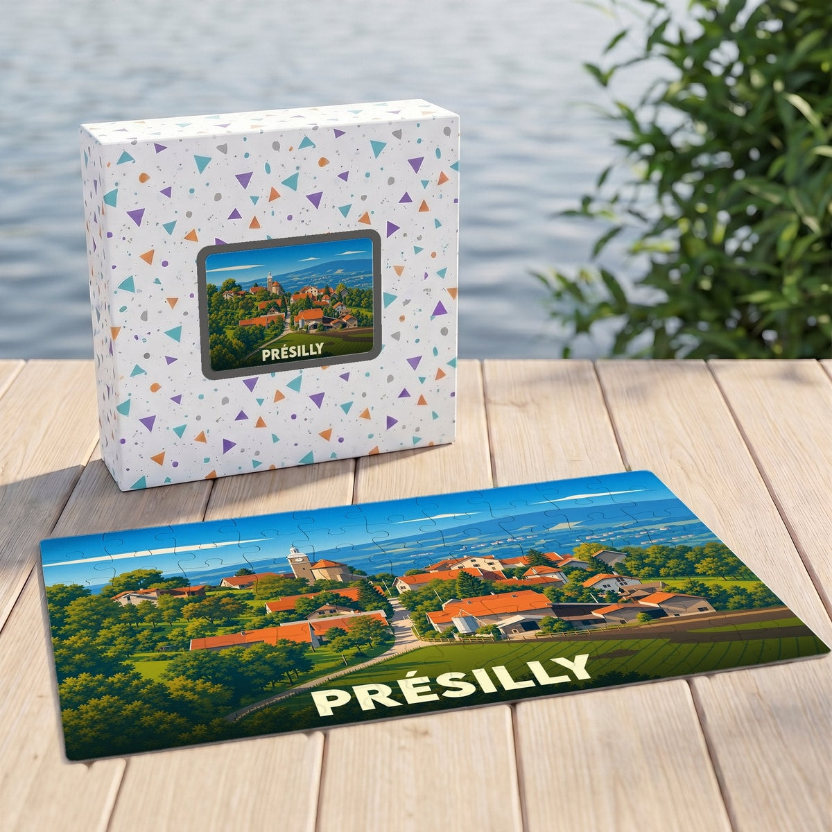 Puzzle souvenir de la ville de Présilly avec une illustration stylisée de ses paysages.