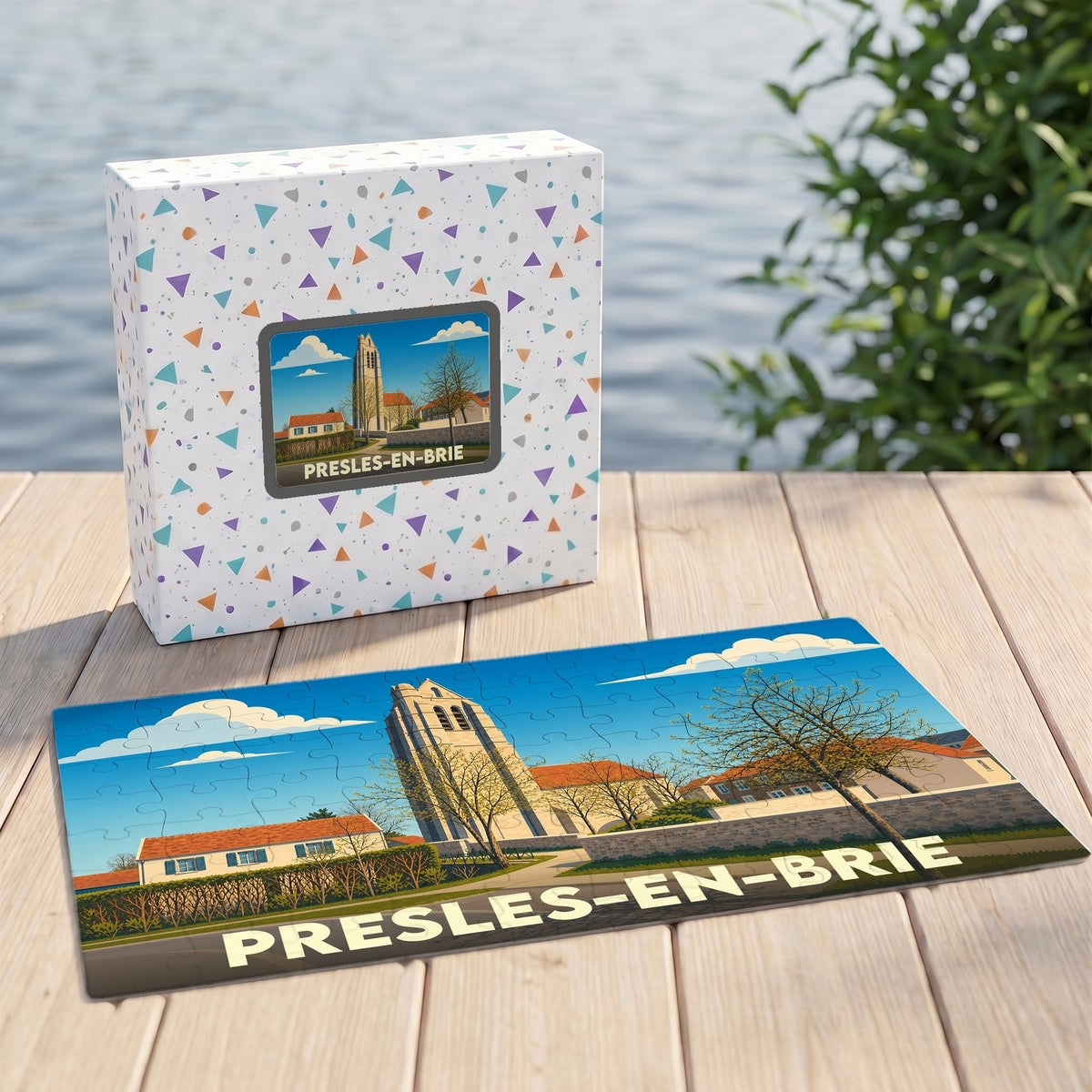 Puzzle souvenir de la ville de Presles-en-Brie avec une illustration stylisée de son église et de son paysage.