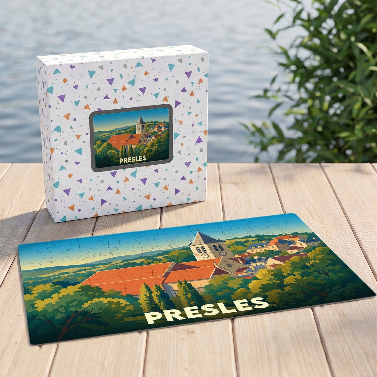 Puzzle souvenir de la ville de Presles avec une illustration stylisée d'un paysage urbain.