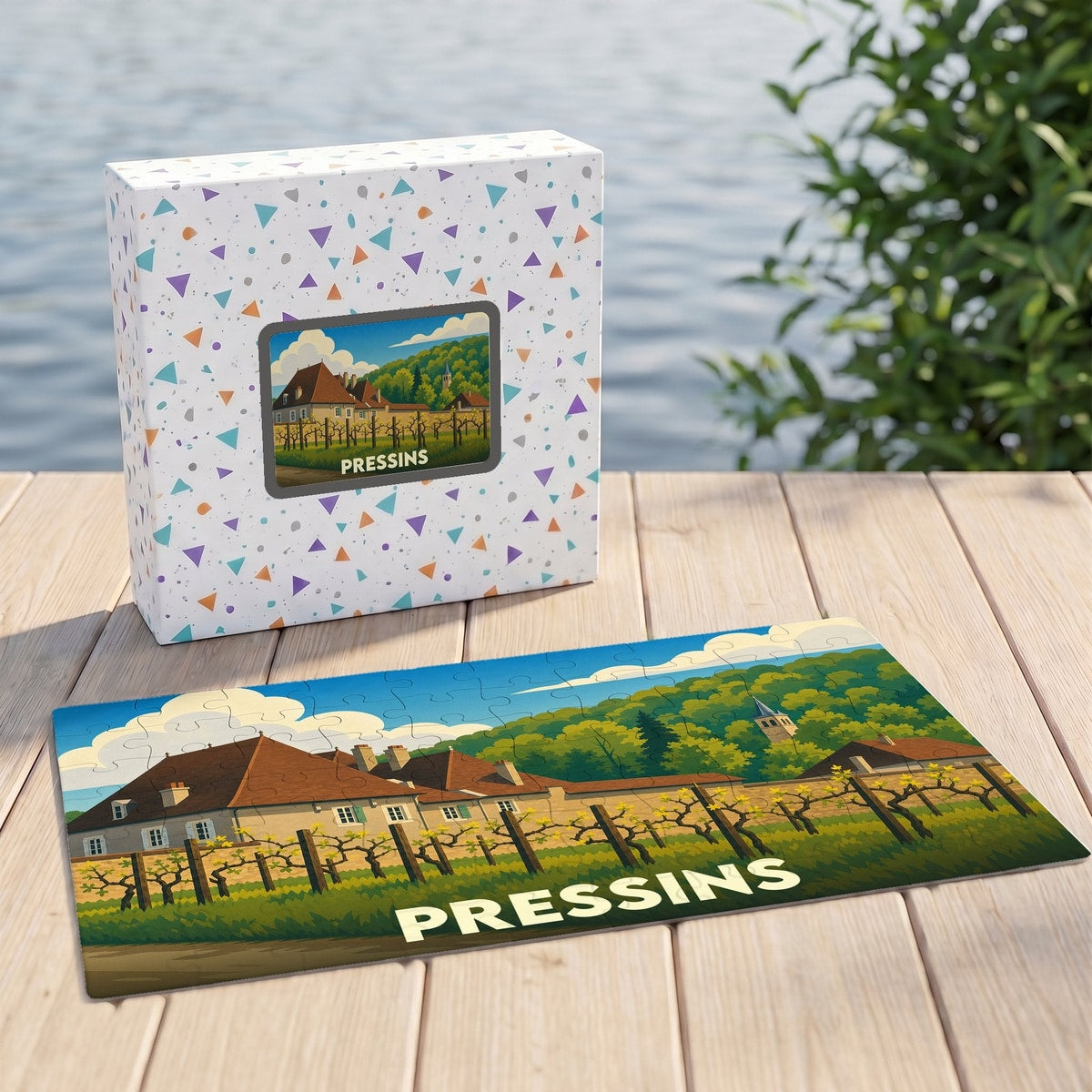 Puzzle souvenir de la ville de Pressins avec une illustration stylisée de son paysage champêtre.