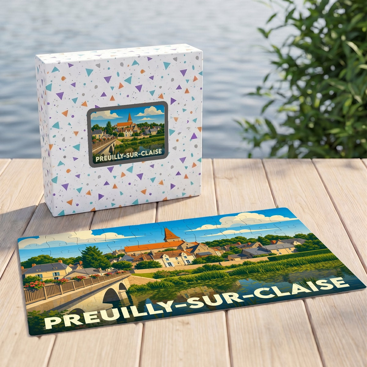 Puzzle souvenir de la ville de Preuilly-sur-Claise avec une illustration stylisée et colorée.