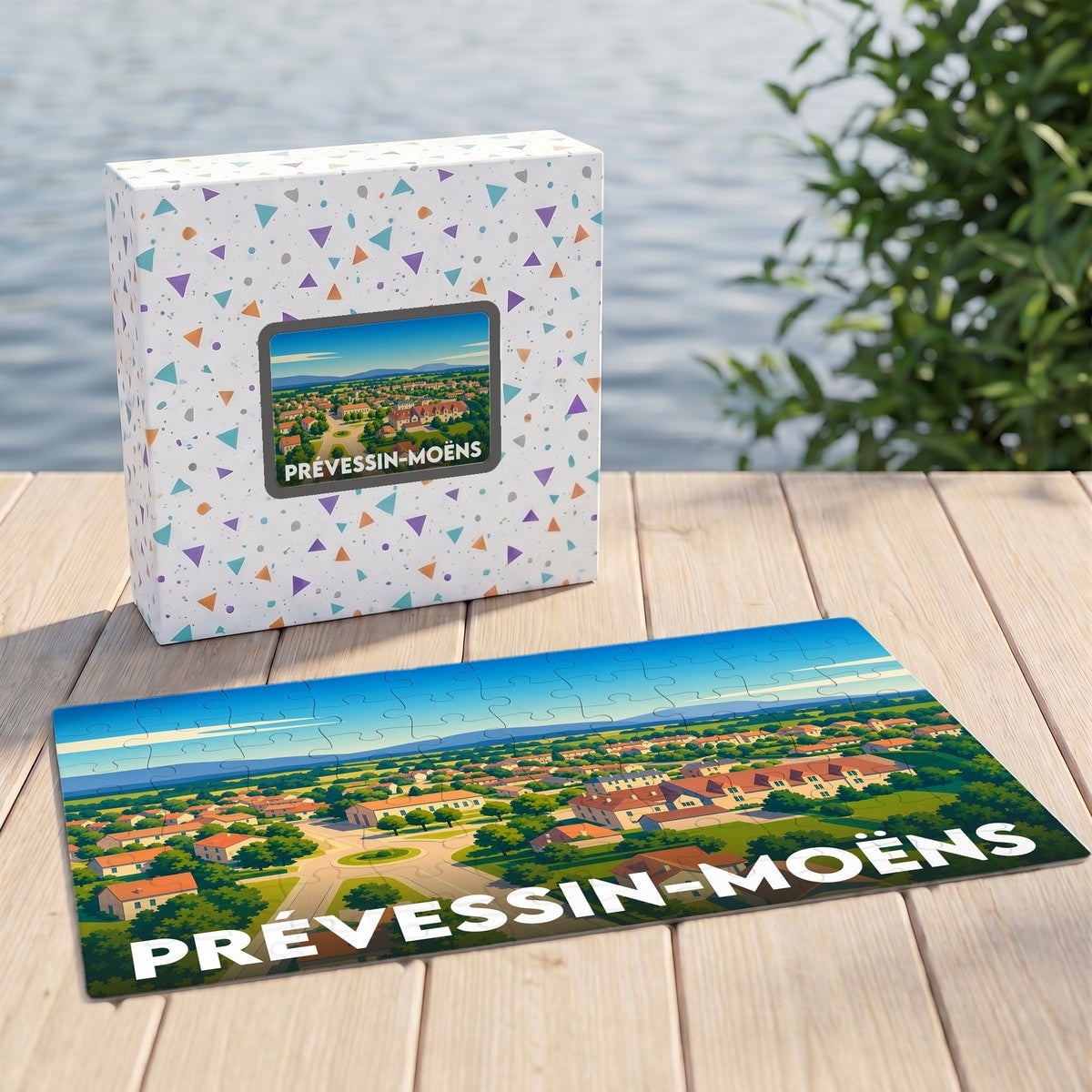 Puzzle souvenir de la ville de Prévessin-Moëns présentant une illustration paysagère colorée.