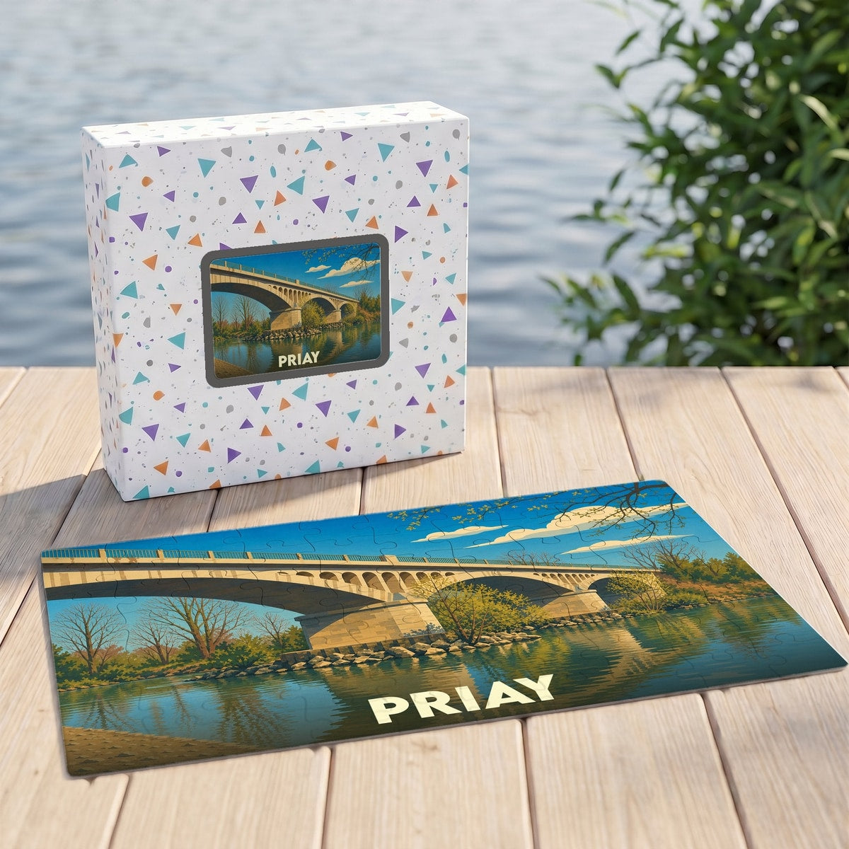 Puzzle souvenir de la ville de Priay illustrant son pont sur la rivière d'Ain.