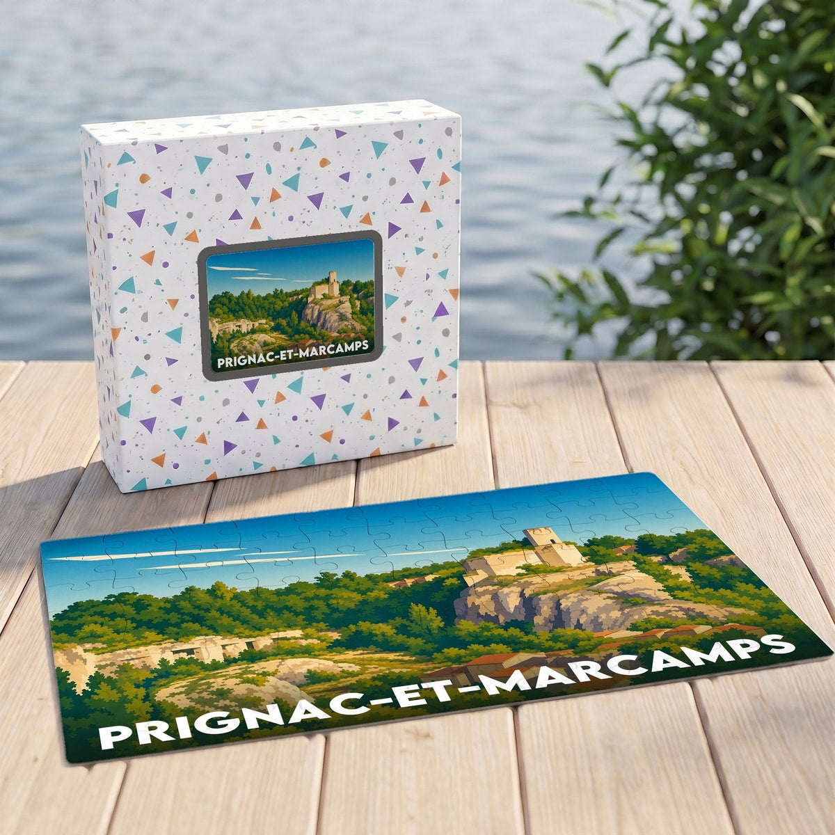 Puzzle souvenir de la ville de Prignac-et-Marcamps avec une illustration stylisée de son paysage historique.