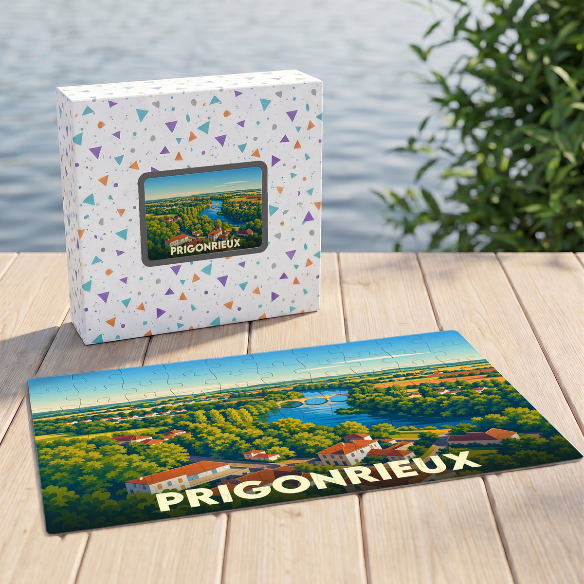 Puzzle souvenir de la ville de Prigonrieux avec une illustration paysagère colorée.