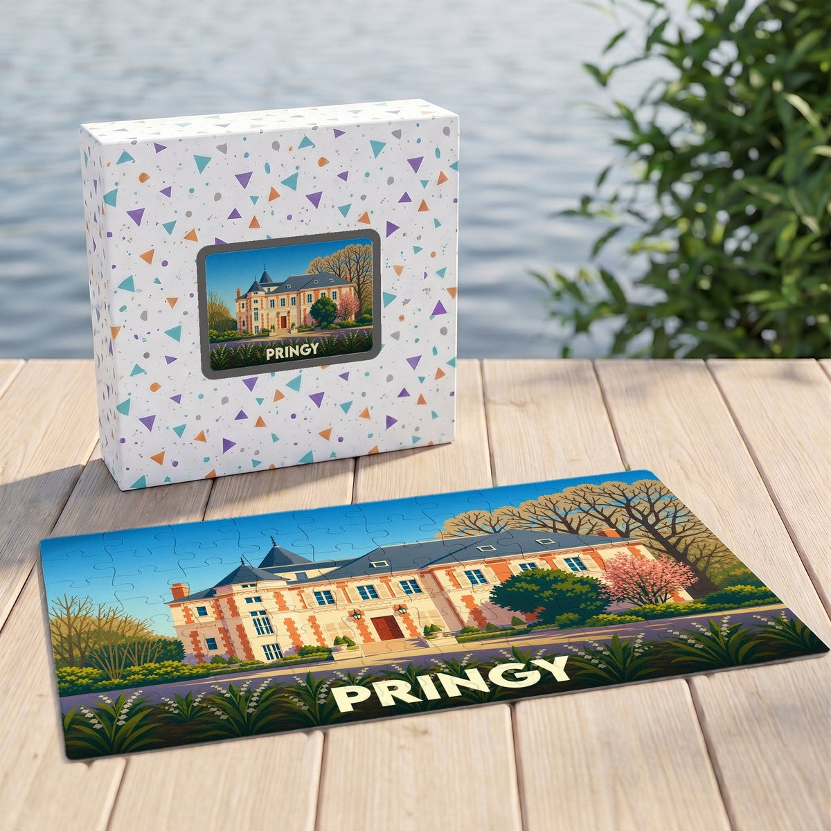 Puzzle souvenir de la ville de Pringy avec une illustration stylisée de son château.